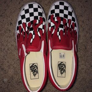 red flame checkered slip on vans